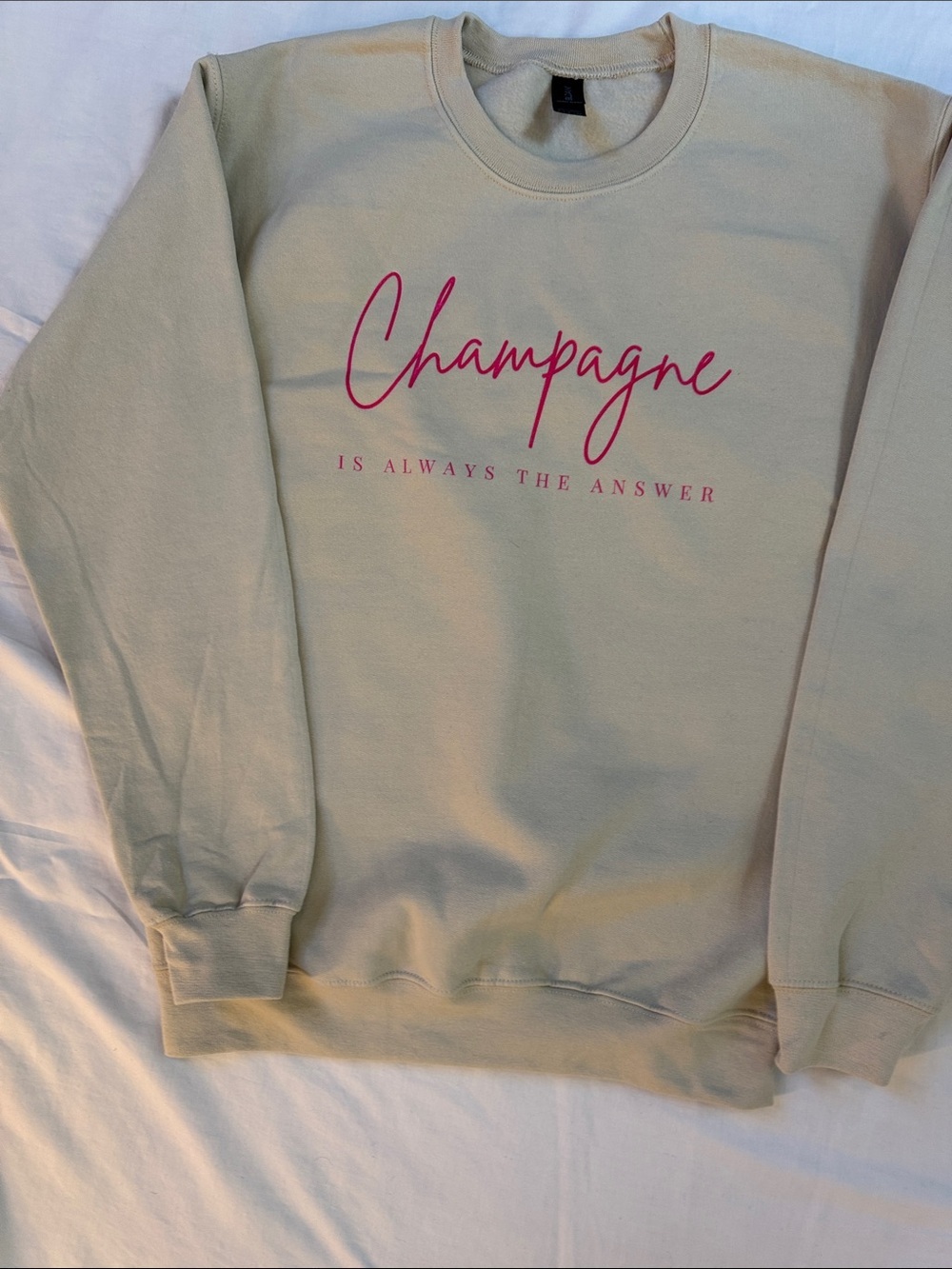Gildan Beige Crewneck Sweatshirt with Pink 'Champagne' Script Size S